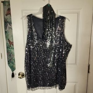 Black sequin top with BLack sequin scarf..